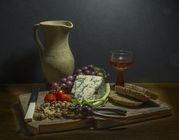 Des King - Still life with cheese- wine fruits-nuts- - bread